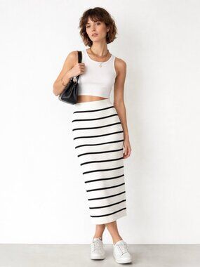 H&M Divided Rib-Knit Striped Midi Pencil Skirt